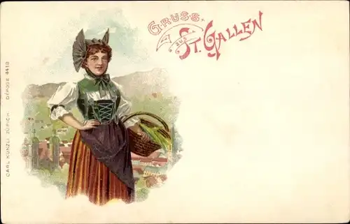 Litho Kanton Sankt Gallen, Frau in schweizerischer Tracht