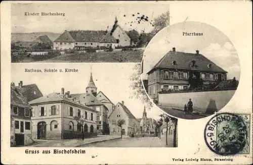 Ak Bischoffsheim Bischofsheim Elsass Bas Rhin, Kloster Bischenberg, Rathaus, Schule, Kirche, Pfarre