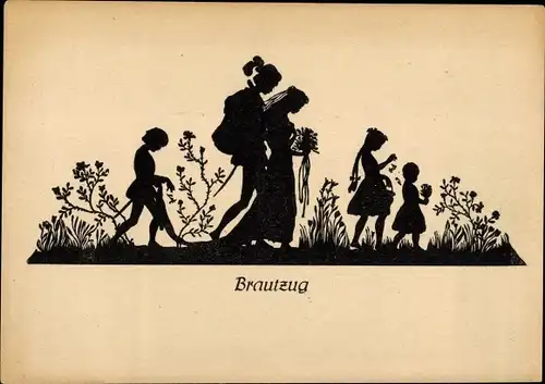 Scherenschnitt Ak Brautzug, Braut, Kinder, Blumenstrauß