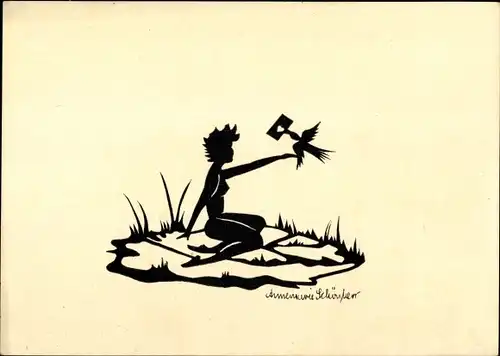 Scherenschnitt Künstler Ak Schönherr, A., Junge Frau, Vogel mit Brief im Schnabel