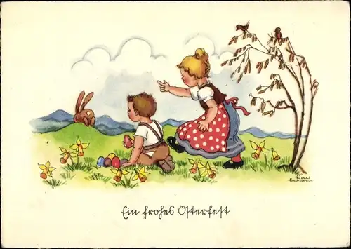 Künstler Ak Glückwunsch Ostern, Kinder, Osterhase, Ostereier