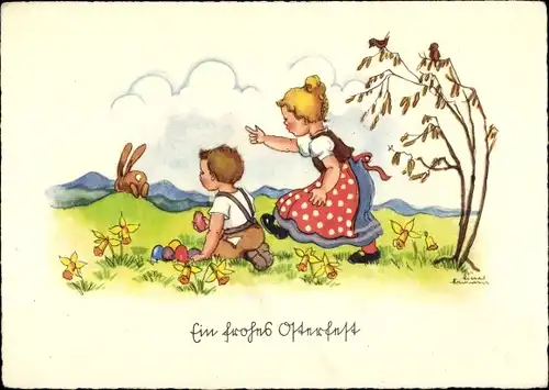 Künstler Ak Glückwunsch Ostern, Kinder, Osterhase, Ostereier