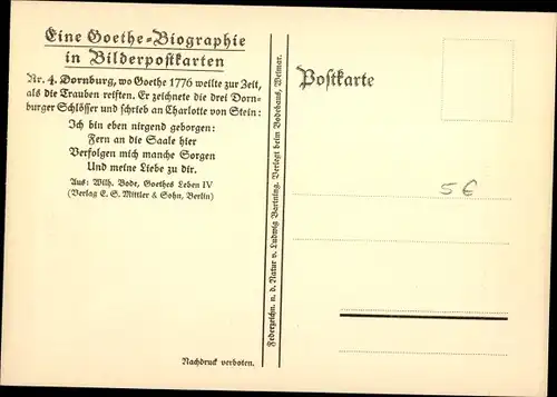 Künstler Ak Dornburg an der Saale Thüringen, Goethe-Biographie in Bilderpostkarten, Gesamtansicht