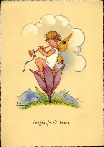 Künstler Ak Glückwunsch Ostern, Glücksfee spielt Flöte