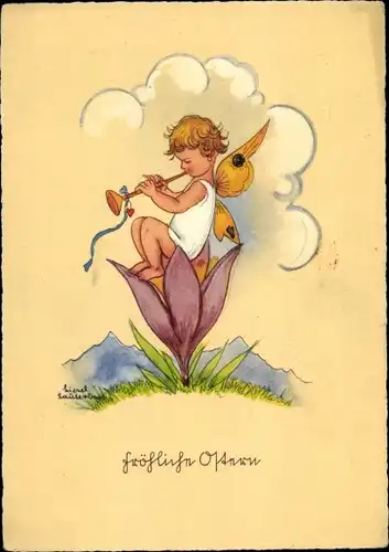 Künstler Ak Glückwunsch Ostern, Glücksfee spielt Flöte