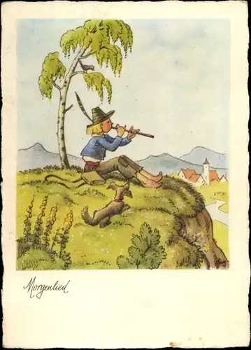 Künstler Ak Fay, E., Morgenlied, Junger Mann spielt Flöte, Hund, Birke