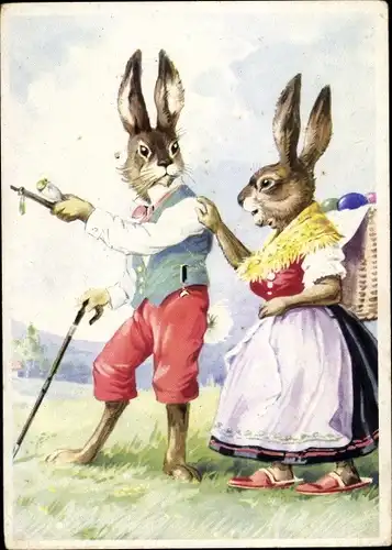 Ak Ostern, Vermenschlichte Osterhasen, Korb, Ostereier