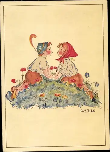 Künstler Ak Jäkel, R., Liebespaar, Kuss, Blumenwiese