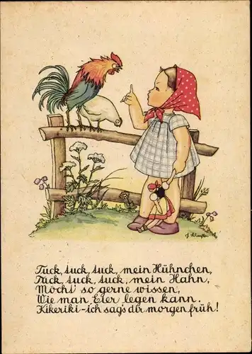 Künstler Ak Mädchen mit Puppe, Gespräch mit Hahn, Zaun