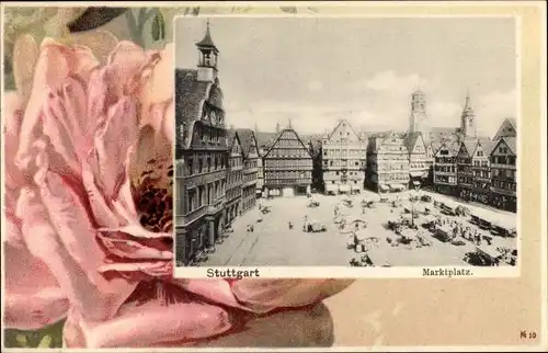 Passepartout Ak Stuttgart in Baden Württemberg, Verkaufsstände auf dem Marktplatz, Rosenblüte