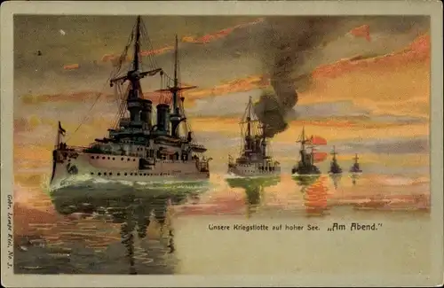 Litho Deutsche Kriegsschiffe, Kriegsflotte auf hoher See, Am Abend, Kaiserliche Marine