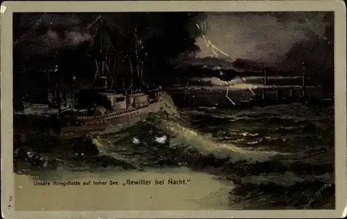 Litho Deutsche Kriegsschiffe, Kriegsflotte auf hoher See, Gewitter bei Nacht, Blitze