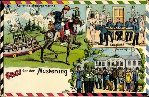 Litho Gruß von der Musterung, Reitende Gebirgsmarine, Tauglich, Verlesung