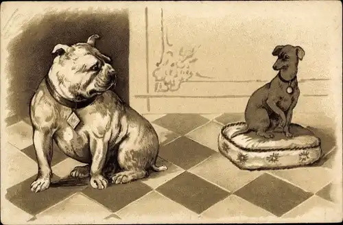 Präge Litho Zwei Hunde, Bulldogge, Terrier auf einem Kissen