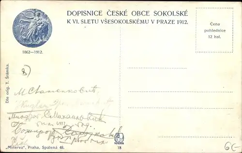 Ak Dopisnice české obce sokolské k VI. sletu Všesokolskému v Praze 1912