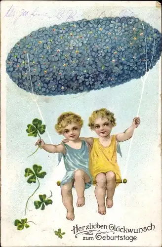 Präge Ak Glückwunsch Geburtstag, Kinder auf einer Schaukel, Zeppelin, Vergissmeinnicht, Klee