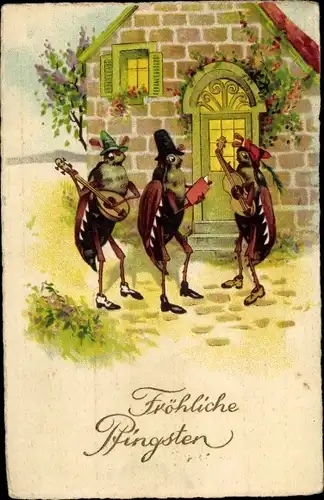 Ak Glückwunsch Pfingsten, Musizierende Maikäfer