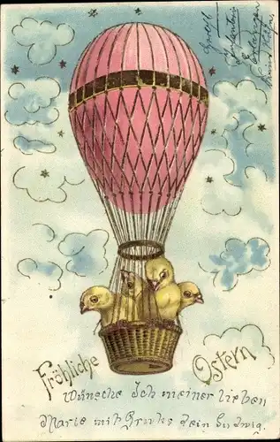 Präge Litho Glückwunsch Ostern, Küken in einem Heißluftballon
