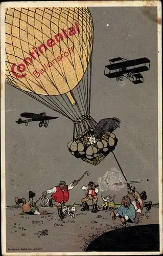 Ak Reklame, Continental Ballonstoff, Heißluftballon, Flugzeuge