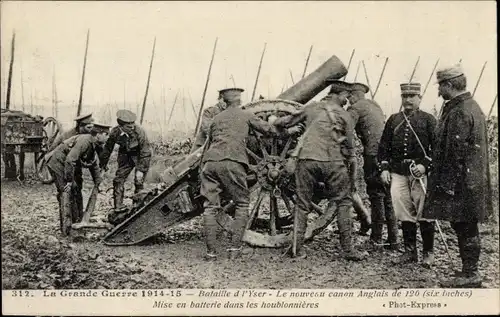 Ak Yser-Schlacht, neue englische 6-inch-Kanone in einem Hopfenfeld, Weltkrieg 1914-15