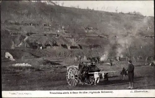 Ak Schlachtfeld bei Soissons, Schützengräben am Hang, Geschütz, 1. WK