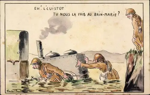 Künstler Ak Französische Soldaten mit Feldküche, Humor, 2. WK
