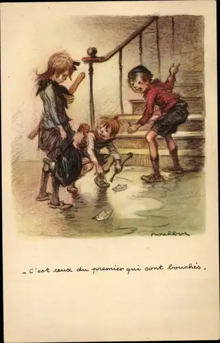 Künstler Ak Poulbot, Francisque, Kinder mit Papierbooten, Ligue nationale contre taudis