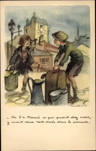 Künstler Ak Poulbot, Francisque, Junge an der Wasserpumpe, Mädchen mit einem Eimer