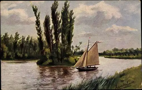 Künstler Ak Gerstenhauer, J. G., Niederländisches Motiv, Fluss, Segelboot