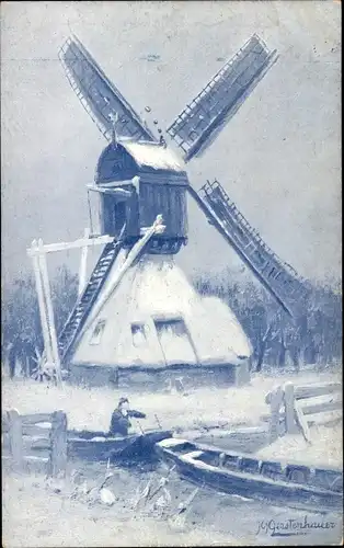 Künstler Ak Gerstenhauer, J. G., niederländisches Motiv, Windmühle