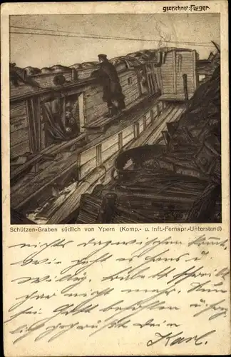 Ak Schützengraben südlich von Ypern, Unterstand, Deutscher Soldat, I. WK