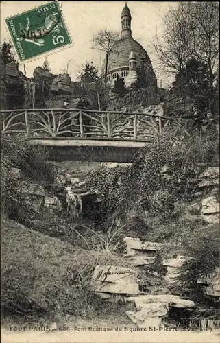 Ak Paris XVIII. Montmartre, Square Saint Pierre, Basilika Sacre Coeur, Rustikale Brücke