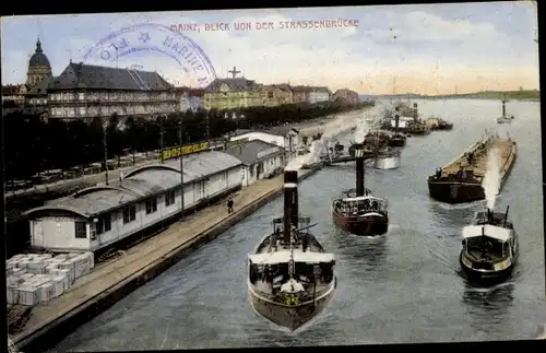 Ak Mainz am Rhein, Straßenbrücke, Dampfer