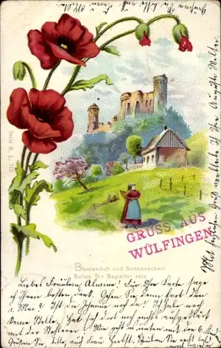 Litho Wülfingen, Burg, Bauernhaus, Bäuerin, Mohnblüten