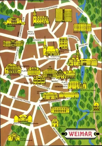 Stadtplan Ak Weimar, Herderplatz, Rathaus, Goethes Gartenhaus, Hauptpost, Platz der Demokratie