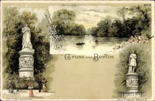 Litho Berlin Tiergarten, Denkmal Königin Louise, Friedrich Wilhelm III, Neuer See, Ruderboote