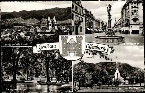 Ak Offenburg in Baden Schwarzwald, Wappen, Zwingeranlagen, Weingartner Kirchlein, Neptunbrunnen