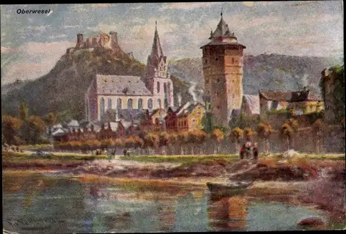 Künstler Ak Oberwesel am Rhein, Teilansicht, Kirche, Turm