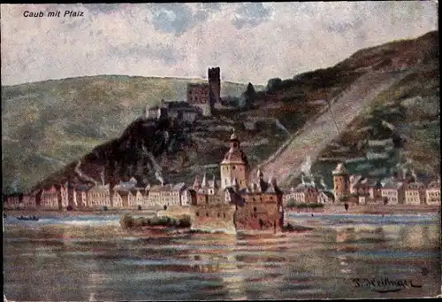 Künstler Ak Caub Kaub am Rhein, Burg Pfalzgrafenstein, Pfalz, Ruine Gutenfels