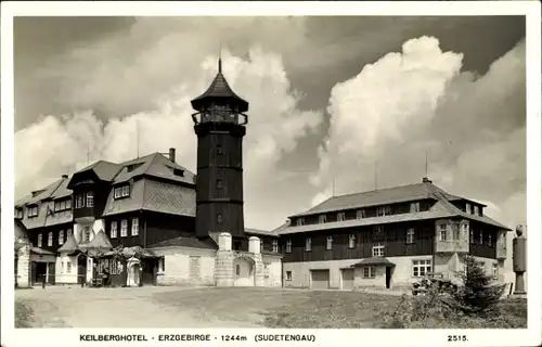 Ak Klínovec Keilberg Erzgebirge Reg. Karlsbad, Das Keilberghotel, Aussichtsturm