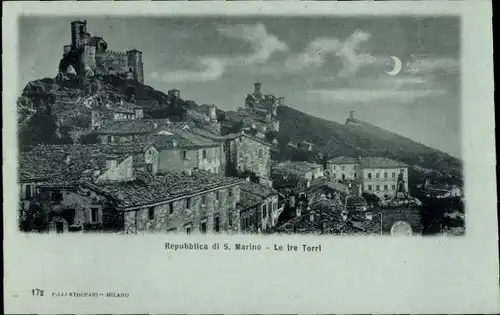 Mondschein Ak San Marino, Stadt bei Nacht, Burg, drei Türme