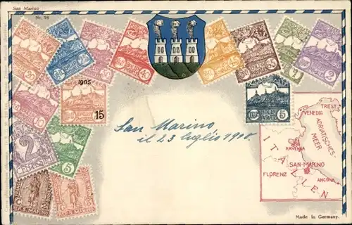 Briefmarken Ak San Marino, Wappen, Karte