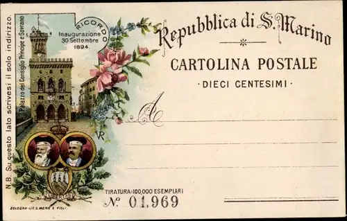 Litho San Marino, Palazzo del Consiglio Principe e Sovrano, Inaugurazione 1894