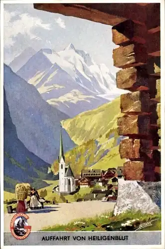 Künstler Ak Heiligenblut am Großglockner in Kärnten, Auffahrt, Panorama vom Ort und Alpen, Bauern