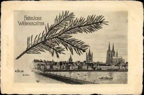 Litho Köln am Rhein, Dom, Rhein, Weihnachten