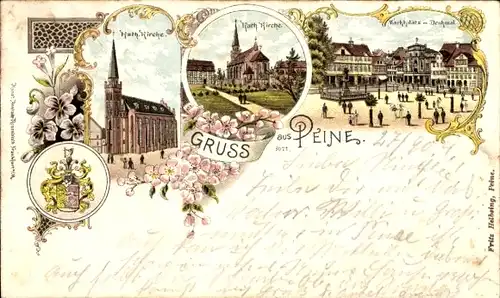 Litho Peine in Niedersachsen, Marktplatz, Kirche, Denkmal