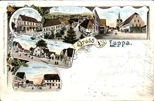 Litho Luppa Wermsdorf in Sachsen, Kirche, Post, Kriegerdenkmal, Friedenseiche