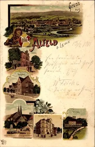 Litho Alfeld an der Leine, Stadtansichten, Bahnhof, Totale, Schloss