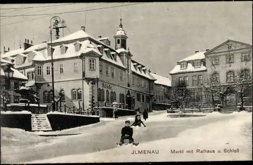 Ak Ilmenau in Thüringen, Markt, Rathaus, Schloss, Schlitten, Winter