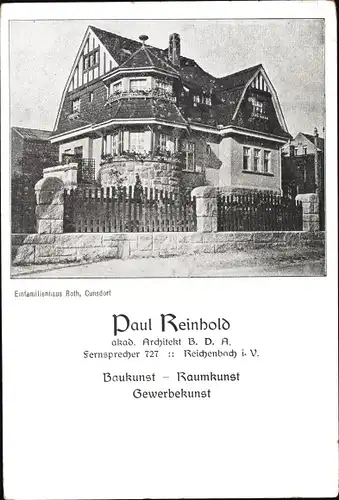 Ak Reichenbach Cunsdorf im Vogtland, Einfamilienhaus Roth, Architekt Paul Reinhold